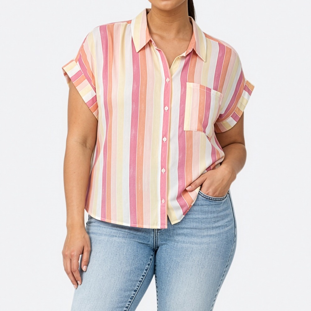 Como Vintage 100% Rayon Striped Short Sleeve L XL Pastel Pink Button Up Shirt